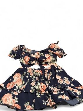 SHEIN Navy Floral Crop Top & Tiered Skirt Set